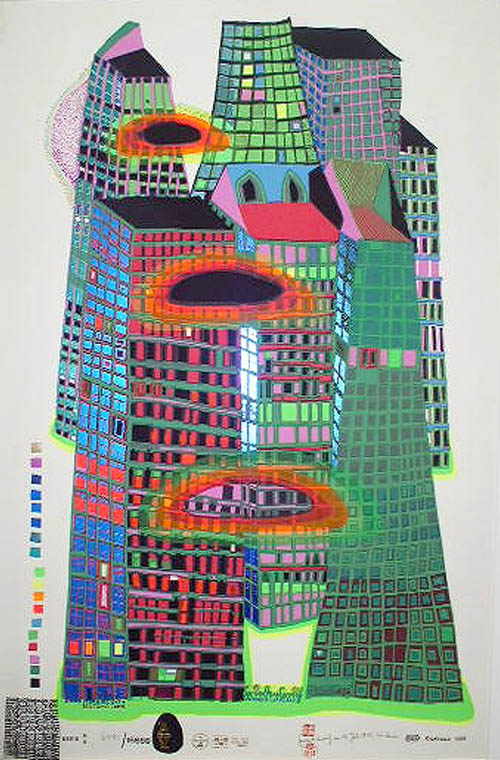 Hundertwasser - Good Morning City - Bleeding Town - series HH - 1969 color screenprint